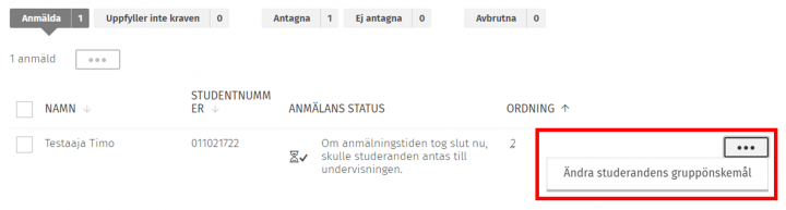 Skärmdump av fliken Anmälda studerande och knappen för ändring av studerandens gruppönskemål