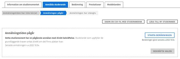 Skärmdump av fliken Anmälda studerande med löpande bekräftelse av anmälan.