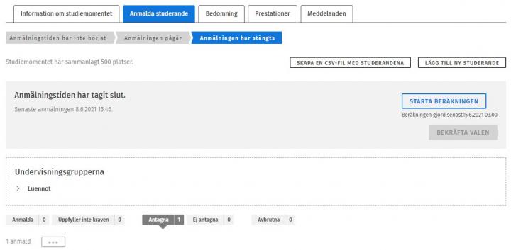 Skärmdump av fliken Anmälda studerande