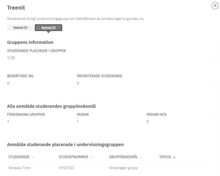Skärmdump av fönstret som visar studenternas gruppval