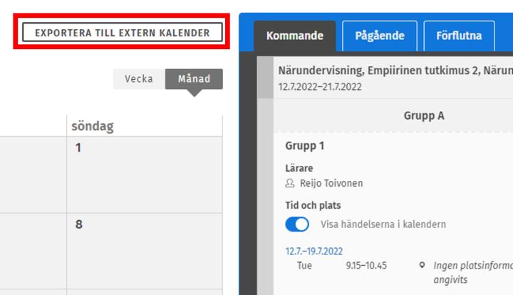 Skärmdump av Exportera till externa kalender -knappen.