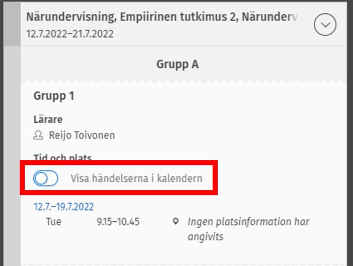 Skärmdump av Visa händelserna i kalendern -valet