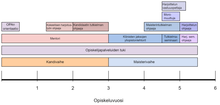 Kuvassa on havainnollistettu, miten ohjaus järjestetään psykologian koulutusohjelmassa opintojen eri vaiheissa. Ohjausta eri vaiheissa antavien tahojen rooleja on avattu tarkemmin tekstissä.