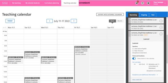 Screen capture of the Teaching calendar page.