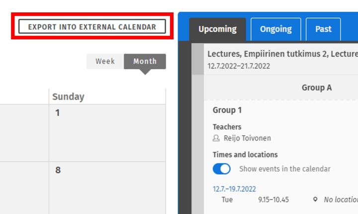 Screen capture of the Export into external calendar button.