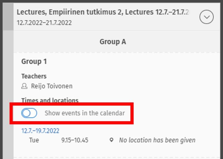 Screen capture of the Show events in the calendar option.