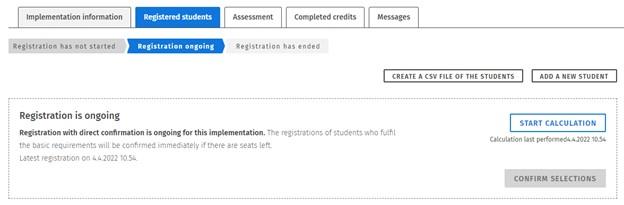 Screen capture of the Registered students tab when continual confirmation is in use.