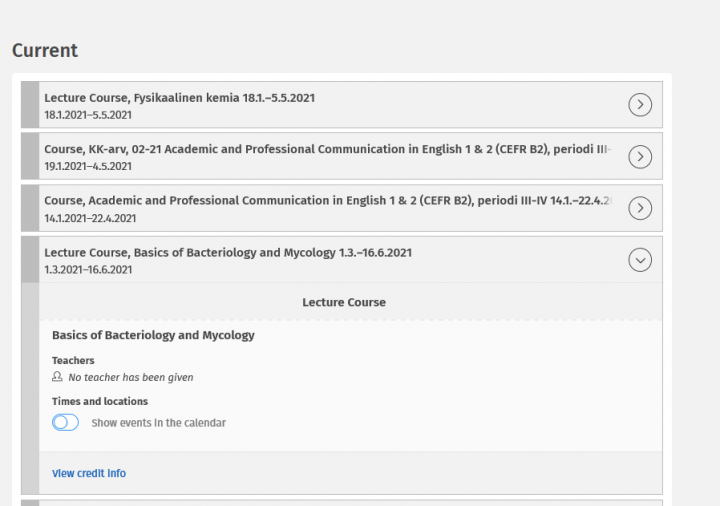 Teacher page in Sisu