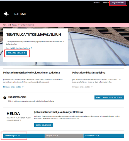 E-thesis palvelun etusivu. Tarkastajan sisäänkirjautumispainikkeet korostettu punaisilla neliöillä.