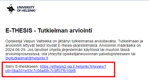 Esimerkki e-thesiksen arviointikutsu sähköpostista, korostettuna kirjautumislinkki