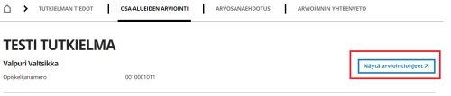 Arvioijan näkymä e-thesis palvelussa, korostettuna painike josta pääsee arvioinnin ohjeisiin