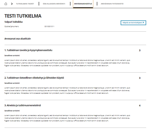 Arvosana ehdotusnäkymä ethesis palvelussa