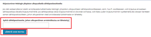 Uuden arviointikutsusähköpostin lähetyksen kuvaus, korostettuna punaisella kentät joihin syötetään sähköposti ja lähetyspainike