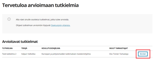 E-thesis palvelussa tarkastajan näkymä, punaisella korostettuna painike josta pääsee arvioimaan tutkielman