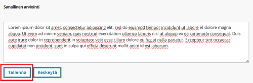 Esimerkki sanallisesta palautteesta arviointinäkymässä e-thesis palvelussa