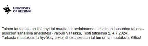 Sähköposti-ilmoitus arvioinnin muutoksesta toiselle arvioijalle