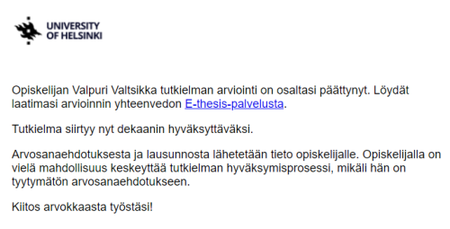 esimerkki arvoinnin valmistumisesta kertovasta viestistä e-thesis palvelussa 