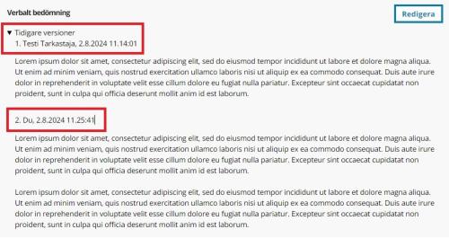 Skärmbild av olika versionerna av det verbala omdömet.