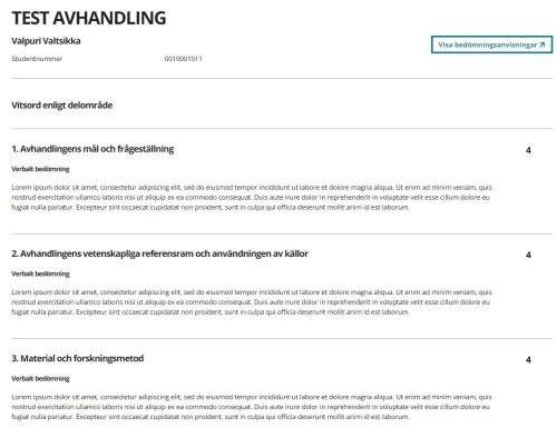 Skärmbild av sammanfattning av bedömningarna av delområdena.