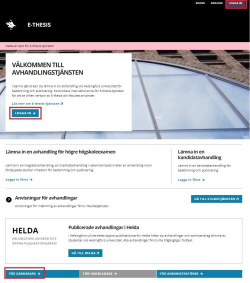 Skärmbild av systemets förstasida.