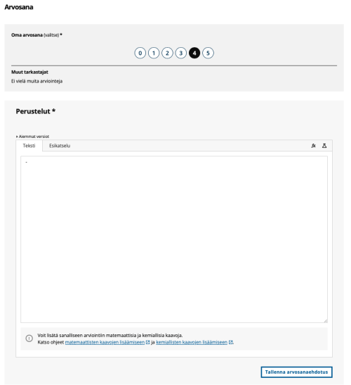 Arvosanansyöttö e-thesis palvelussa, numeerinen arvosana ja perustelut