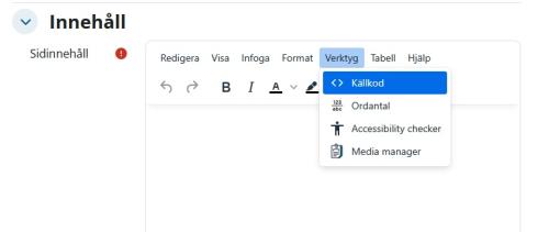 Moodle's text editor. Verktyg-tab är öppen och "Källkod" är markerad.