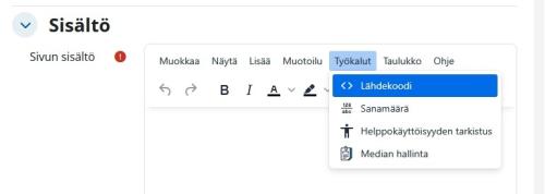 Kuvakaappaus Moodlen Tiny MCS-tekstieditorista. Editorin Työkalut-valikko on auki ja valinta Lähdekoodi on korostettu.