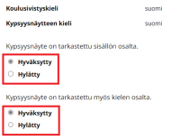 Kypsyysnäytteen hyväksymisnäkymä e-thesis palvelussa arvioijan profiilissa. Punaisella korostettu hyväksytty/hylätty valintalaatikot.