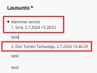 E-thesis palvelussa arvosanalausunnon aikaisemmat versiot