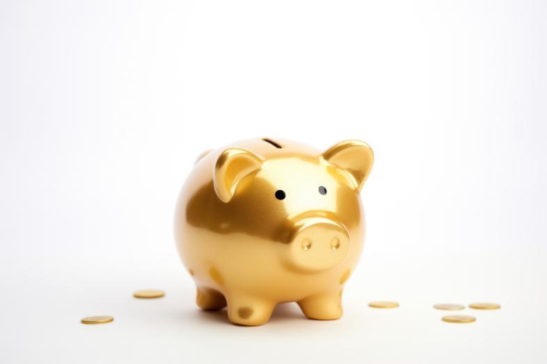 Piggy bank with coins lying around