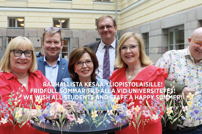 Taustalla yliopiston rehtoraatti, etualalla teksti "Rauhallista kesää yliopistolaisille".