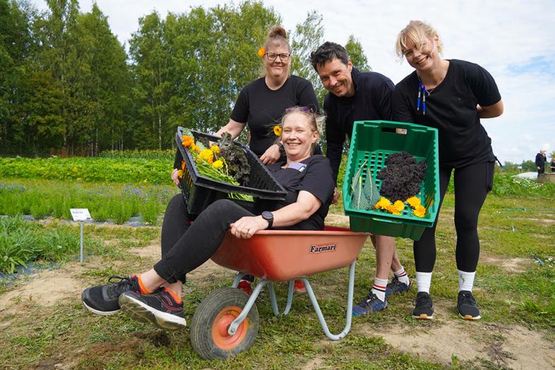 Kolme ihmistä työntää neljättä kottikärryissä.