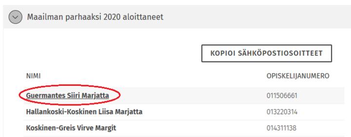 Kuvakaappaus Ohjattavani-sivulla näkyvästä opiskelijalistasta, jossa ohjausryhmän opiskelijat.