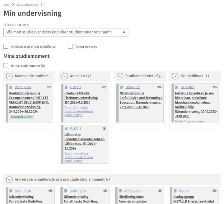 Skärmdump av Min undervisning-sidan i Sisu.