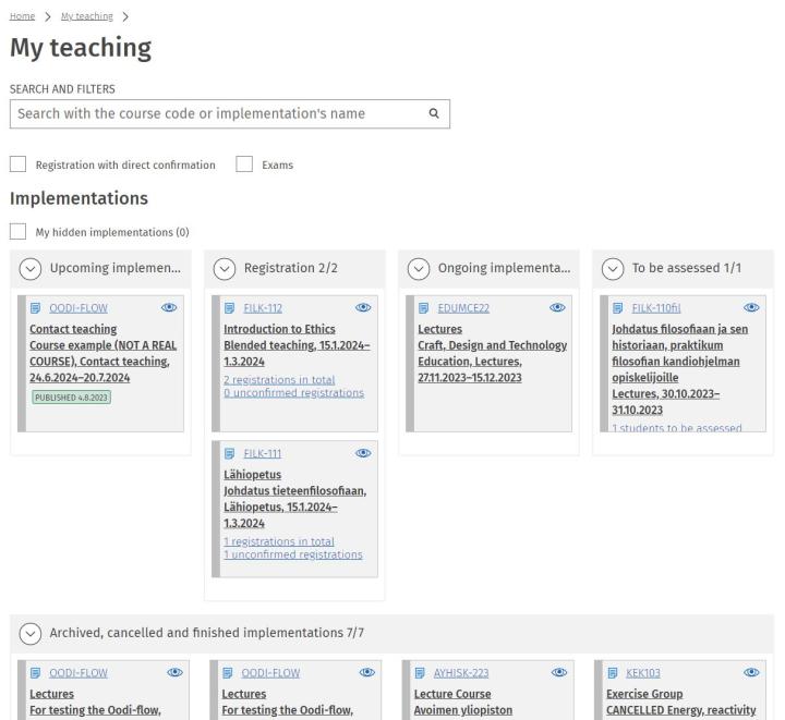 Screen capture of My teaching page in Sisu.
