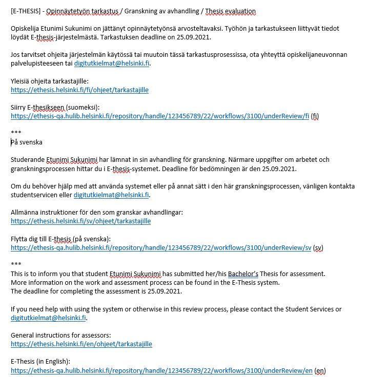 vanhan e-thesiksen automaattiviesti tarkastajalle