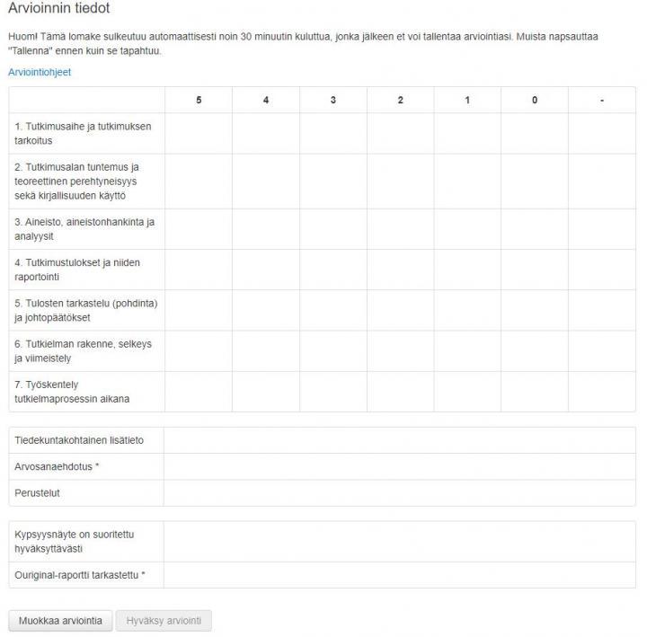 Arvioinnin tiedot näkymä vanhassa e-thesiksessä