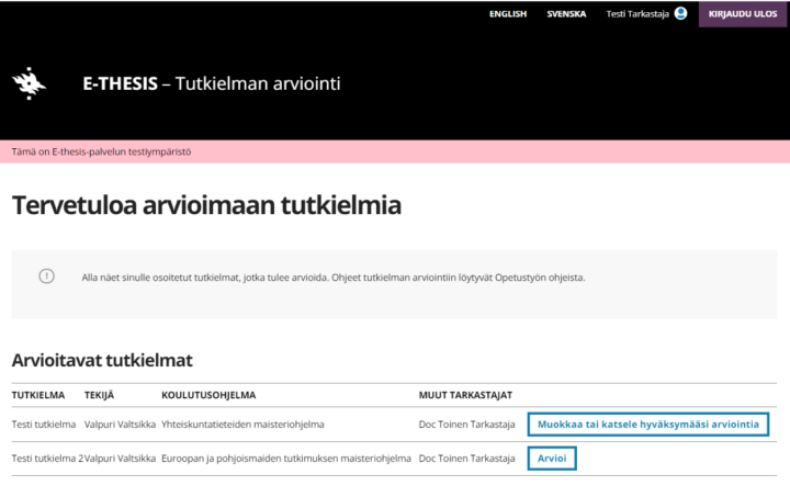 Tarkastajan näkymä e-thesiksessä, kuvassa arviointijono