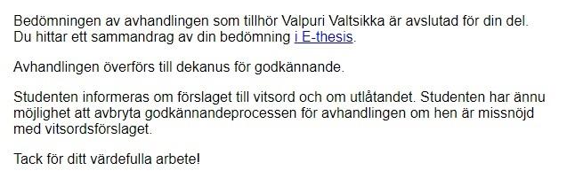 Skärmbild av meddelande om slutförd bedömningen.