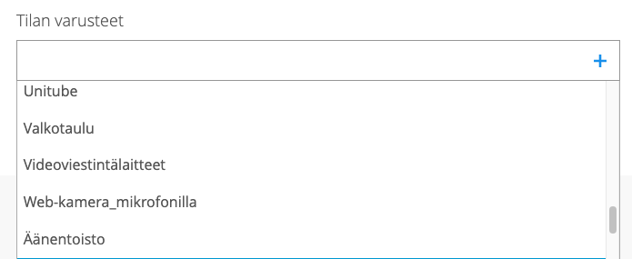 Kuva tilavaraussivun Tilan varusteet -vaihtoehdoista