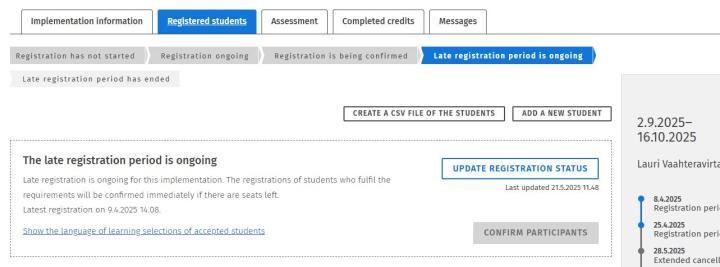 Screen capture of a course's registered students tab in Sisu.