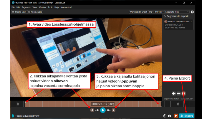 Kuva LosslessCut-ohjelman editointinäkymästä