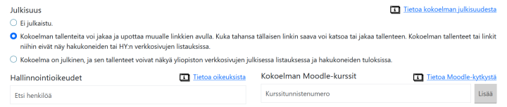Kuvassa kokoelman näkyvyysasetuksista valittu "Jaettu linkillä" on helpoin tapa jakaa video ilman, että se on kuitenkaan löydettävissä verkosta esim. Unitube Katsomosta.