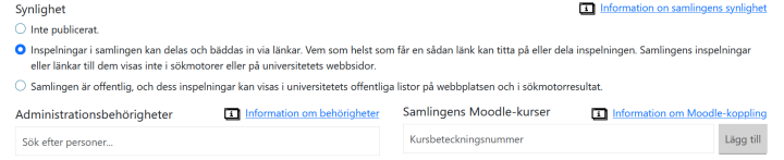 Välj synlighetsinställning för samlingen av Unitube-uppladdningssajten