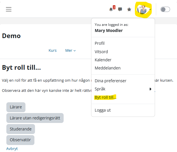 Moodle Byt roll til