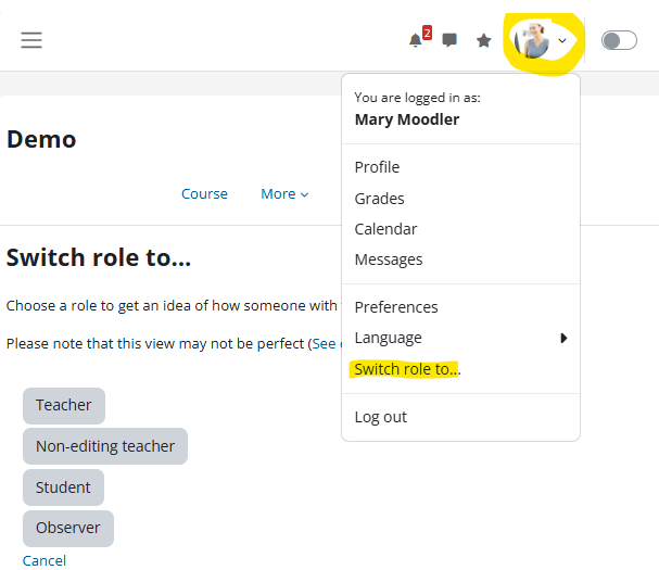 Moodle select switch role to