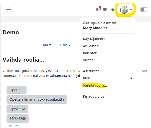 Moodlessa vaihda roolia valikossa